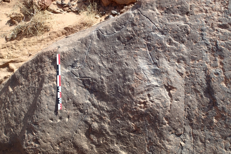 MARCH 11, 2015 - 04:35 PM correction - saudi - history - archaeology Sakaka, Saudi Arabia HANDOUTSEBAP & Crassard / PLOS OneAFP CORRECTION / This undated handout photograph made available by SEBAP & Crassard, shows an engraved boulder depicting two desert kites, discovered in Jebel az-Zilliyat, near Sakaka in Saudi Arabia. Desert kites are linear dry stone wall structures, with sizes ranging from a hundred meter to several kilometers in length, and are believed to be used for trapping game animals driven within their perimeter to facilitate hunting. (Photo by Handout / various sources / AFP) / NO USE AFTER JUNE 1, 2023 15:20:25 GMT - RESTRICTED TO EDITORIAL USE - MANDATORY CREDIT "AFP PHOTO/ SEBAP & CRASSARD/ 2023 PLOS ONE" - NO MARKETING NO ADVERTISING CAMPAIGNS - DISTRIBUTED AS A SERVICE TO CLIENTS - NO ARCHIVE - RESTRICTED TO EDITORIAL USE - MANDATORY CREDIT "AFP PHOTO/ SEBAP & Crassard/ 2023 PLOS ONE" - NO MARKETING NO ADVERTISING CAMPAIGNS - DISTRIBUTED AS A SERVICE TO CLIENTS - NO ARCHIVE