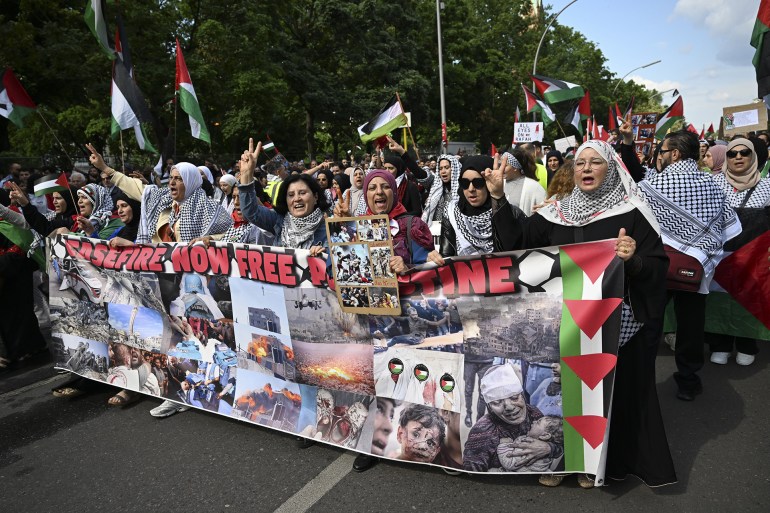 BERLIN, GERMANY - JUNE 1: People gather to show their support to the Palestinians in Gaza as they hold a demonstration at the city center in Berlin, Germany on June 1, 2024. (Photo by Halil Sagrkaya/Anadolu via Getty Images)