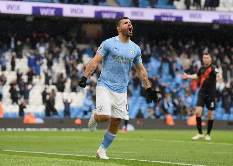 Manchester City v Everton - Premier League MANCHESTER, ENGLAND - MAY 23: Sergio Aguero of Manchester City celebrates after scoring his team's fifth goal during the Premier League match between Manchester City and Everton at Etihad Stadium on May 23, 2021 in Manchester, England. A limited number of fans will be allowed into Premier League stadiums as Coronavirus restrictions begin to ease in the UK. (Photo by Michael Regan/Getty Images)