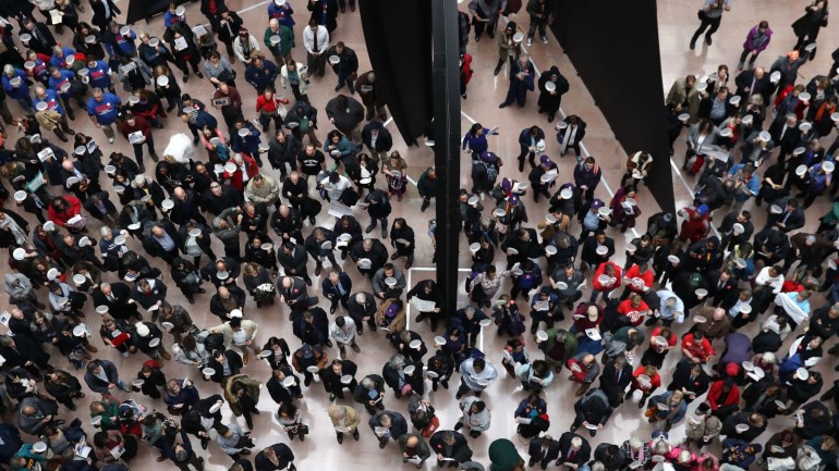 WASHINGTON, DC - JANUARY 23: Furloughed federal workers and those aligned with them protest the partial government shutdown in the Hart Senate Office Building January 23, 2019 in Washington, DC. Members of the National Federation of Federal Employees, the American Federation of Government Employees, the AFL-CIO, the Communications Workers of America, DC Jobs With Justice, International Federation of Professional & Technical Engineers and the Machinists Union sponsored a