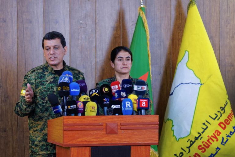 Mazloum Abdi, head of U.S.-backed Syrian Kurdish forces attends a press conference in the northeastern city of Hasaka, Syria December 6, 2024. REUTERS/Orhan Qereman