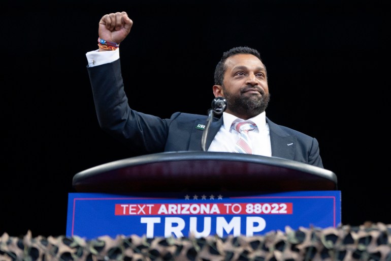 PRESCOTT VALLEY, ARIZONA - OCTOBER 13: Former Chief of Staff to the U.S. Secretary of Defense Kash Patel speaks during a campaign rally for U.S. Republican presidential nominee, former President Donald Trump at Findlay Toyota Center on October 13, 2024 in Prescott Valley, Arizona. With 22 days to go until election day, former President Donald Trump is campaigning in the battleground state Arizona. Rebecca Noble/Getty Images/AFP (Photo by Rebecca Noble / GETTY IMAGES NORTH AMERICA / Getty Images via AFP)