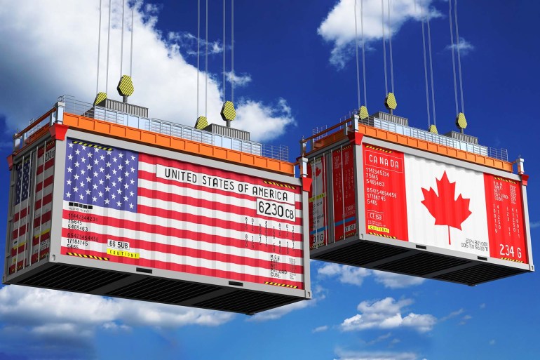 Shipping containers with flags of Canada and USA - 3D illustration; Shutterstock ID 2426243655; purchase_order: AJA; job: ; client: ; other: