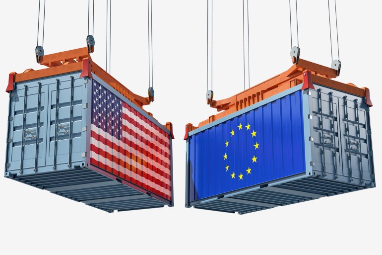 Freight containers with USA and European Union flag. Isolated on white. 3D Rendering ; Shutterstock ID 1803719662; purchase_order: AJA; job: ; client: ; other: