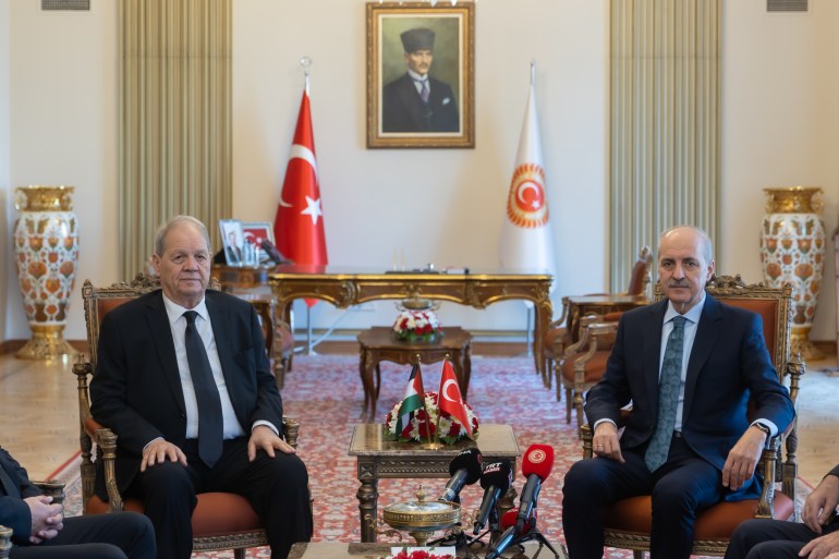 ANKARA, TURKIYE - NOVEMBER 09: (----EDITORIAL USE ONLY - MANDATORY CREDIT - TURKISH GRAND NATIONAL ASSEMBLY / HANDOUT' - NO MARKETING NO ADVERTISING CAMPAIGNS - DISTRIBUTED AS A SERVICE TO CLIENTS----) Speaker of the Turkish Grand National Assembly Numan Kurtulmus (R) and Palestinian National Council President Rawhi Fattouh (L) meet at the Turkish Grand National Assembly in Ankara, Turkiye on November 8, 2023. (Photo by Turkish Grand National Assembly/Anadolu via Getty Images)