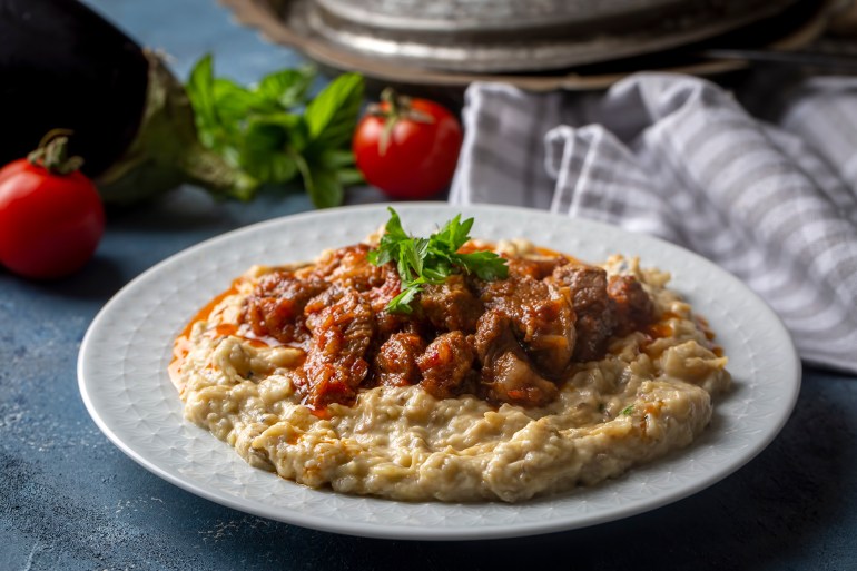 Turkish Food Hunkar Begendi made with Eggplant and Meat.; Shutterstock ID 1966011100; purchase_order: aj; job: ; client: ; other: