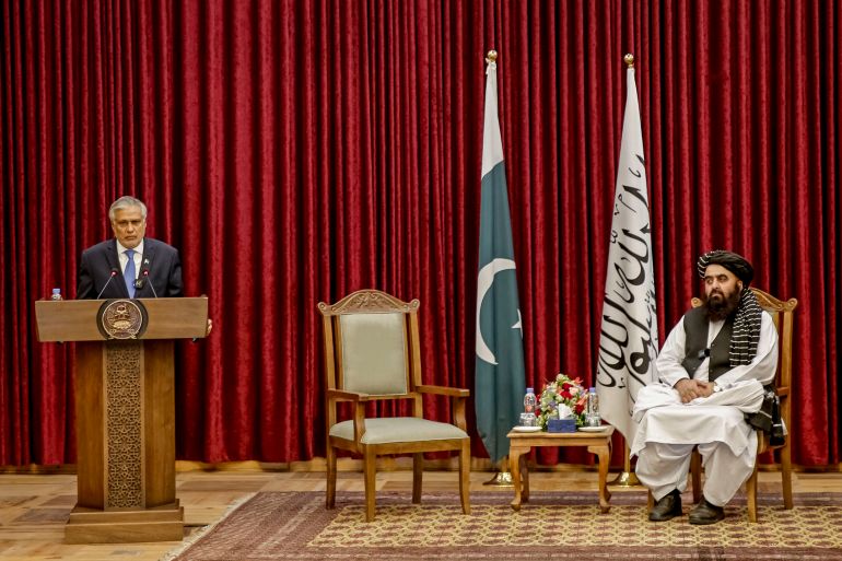 Pakistan's Foreign Minister Ishaq Dar (L) speaks during a bilateral meeting with his Afghanistan counterpart Amir Khan Muttaqi at the former presidential palace in Kabul on April 19, 2025. Pakistan's top diplomat Ishaq Dar flew to Kabul for a day-long visit on April 19, where he held discussions with Afghan Taliban officials, including Prime Minister Hasan Akhund and Foreign Minister Amir Khan Muttaqi. (Photo by AFP)