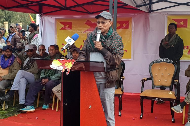 Tigray's president Debretsion Gebremichael speaks in public for the first time after the capture of the regional capital by Tigray forces, in Mekele, in the Tigray region of northern Ethiopia on Thursday, July 1, 2021. Tigray leaders have rejected a unilateral cease-fire that Ethiopia’s government announced as its soldiers retreated from Mekele, and they have vowed to chase “enemies” out of the rest of the Tigray region. (AP Photo)