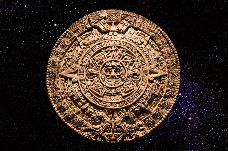 Close-up of stone carved Maya Calendar, Yucatan - stock photo
