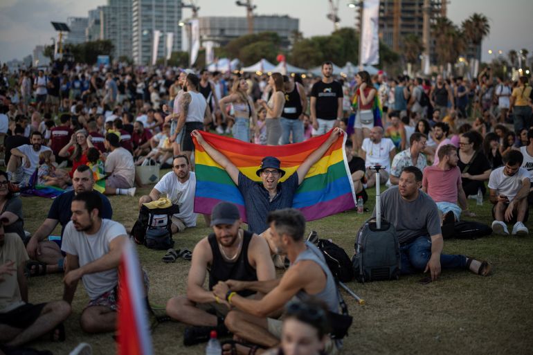 People attend LGBT communities rally for the freedom of the hostages kidnapped during the deadly October 7 attack by the Palestinian Islamist group Hamas, in Tel Aviv, Israel June 6, 2024. REUTERS/Marko Djurica