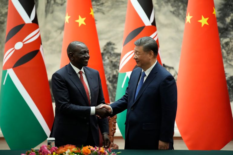 BEIJING, CHINA - APRIL 24: Kenyan President William Ruto and Chinese President Xi Jinping shake hands during a signing ceremony at The Great Hall of The People on April 24, 2025 in Beijing, China. (Photo by Iori Sagisawa - Pool/Getty Images)