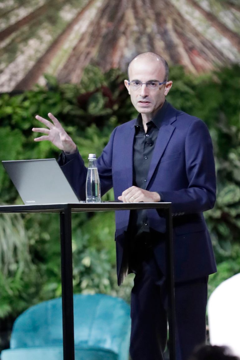 MILAN, ITALY - JULY 09: Professor and author Yuval Harari speaks to the audience during Fast Company European Innovation Festival Powered By Gucci on July 09, 2019 in Milan, Italy. (Photo by Claudio Lavenia/Getty Images for Fast Company)
