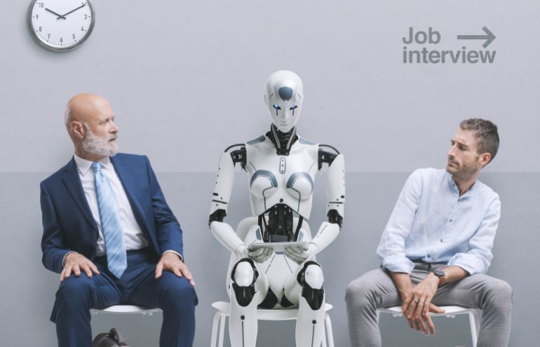 Disappointed job applicants sitting in the waiting room and staring at the AI robot candidate, they are waiting for the job interview