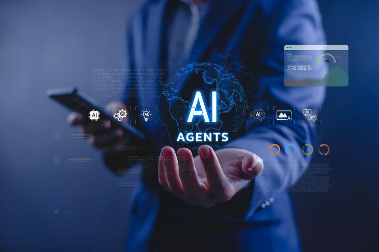 Business presenting AI agents interface with global digital network, representing artificial intelligence automation, smart technology solutions, and future business innovation concept.